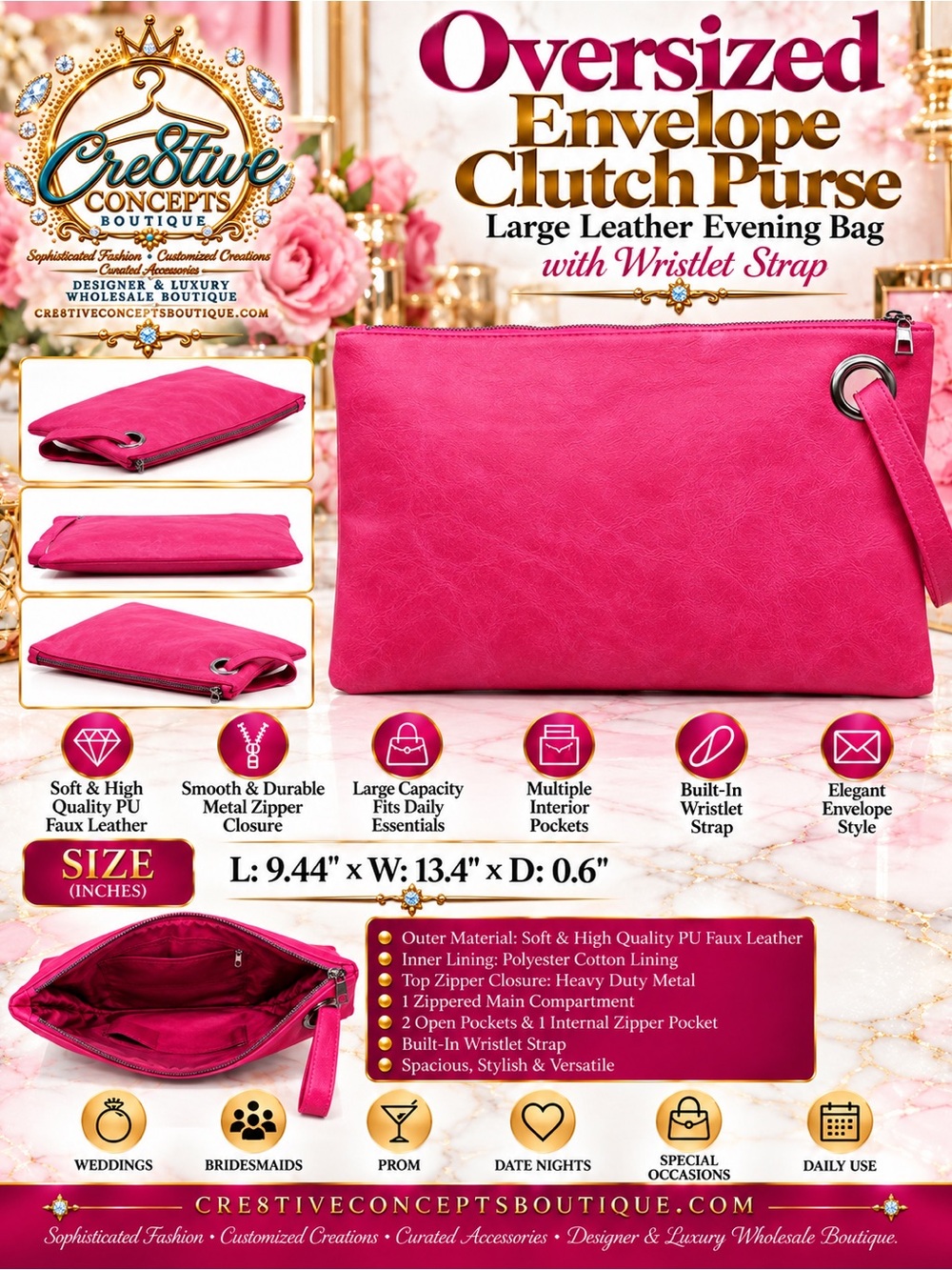 Oversized Envelope Clutch Purse Leather Evening Bag with Wristlet Strap
